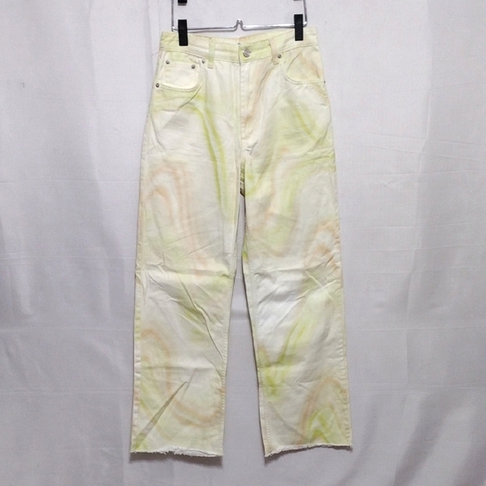 Stradivarius Yellow Tie Dye High Waisted Wide Leg Jeans US 8 Frayed Hem Trendy